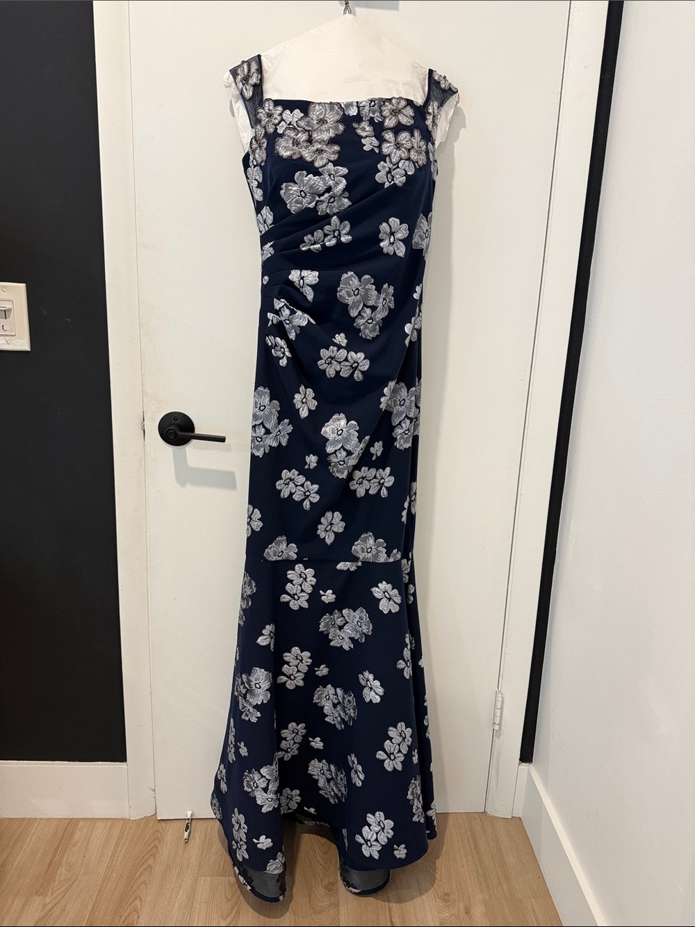 Badgley Mischka Navy and Silver Floral Square-Neck Maxi Dress